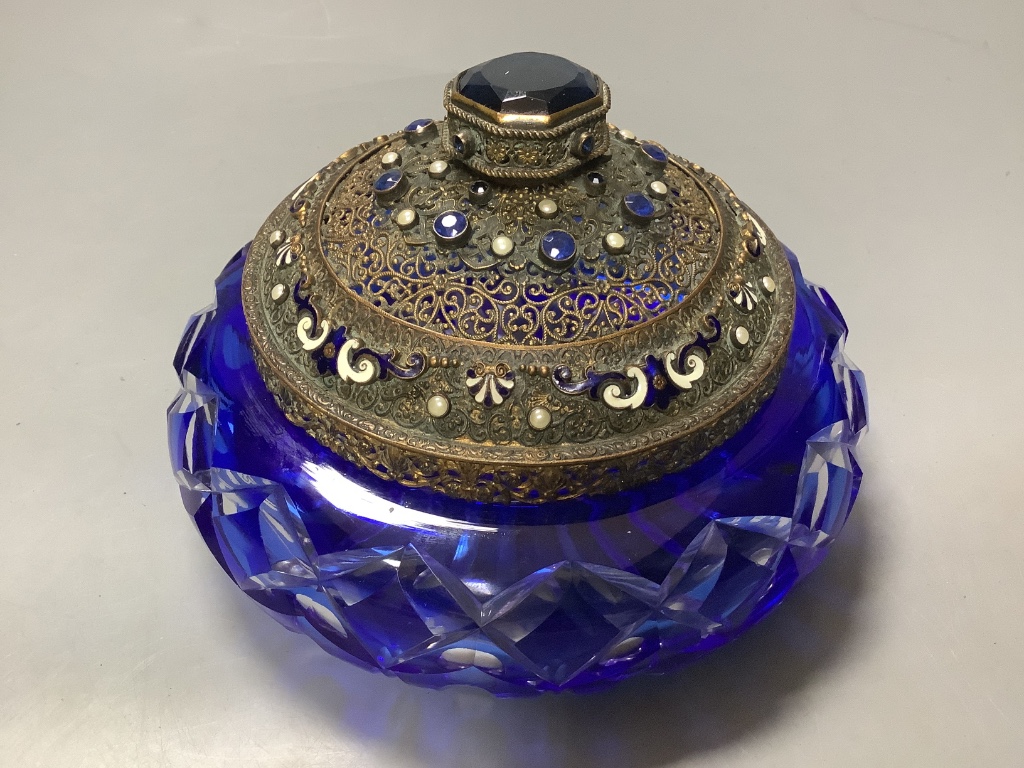 A cut glass pot pourri with enamelled and paste set cover, diameter